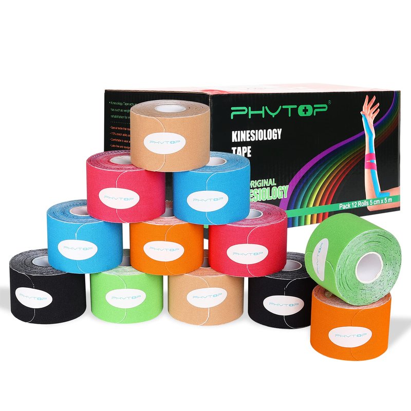 PHYTOP K Tape 12 Roll Pack Athletic Tape - Waterproof Precut Kinesiology Tape (10" Strips) for Knees Shoulders Ankles Elbows, Latex Free Breathable kinesiotape for Sports & Recovery (Mixed Colors)