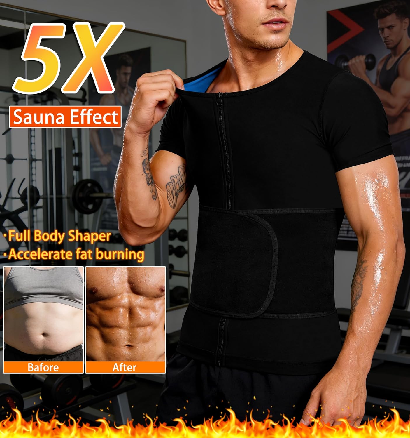 Men's Sauna Shirt - Short Sleeve Sweat Suit for Heat Trapping | Adjustable Waist Belt, Breathable Design