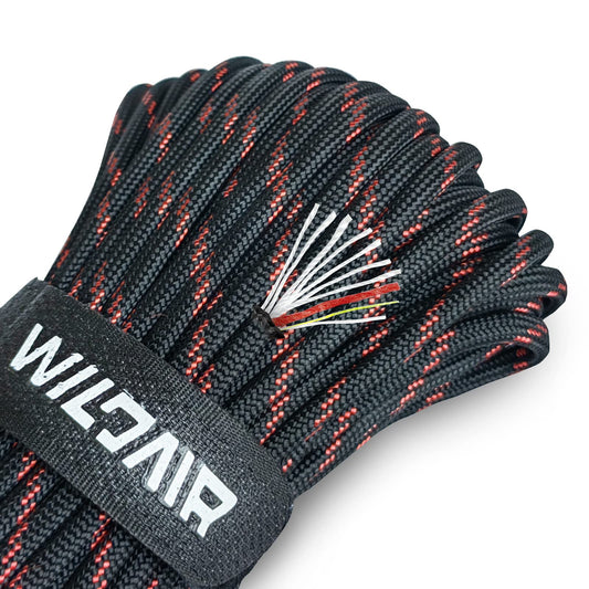 WILDAIR Paracord Survival Paracord Parachute Fire Cord Survival Ropes 4-in-1 5/32" Diameter U.S. Military Type III with Integrated Fishing Line, Fire-Starter Tinder (Black Red 25FT)