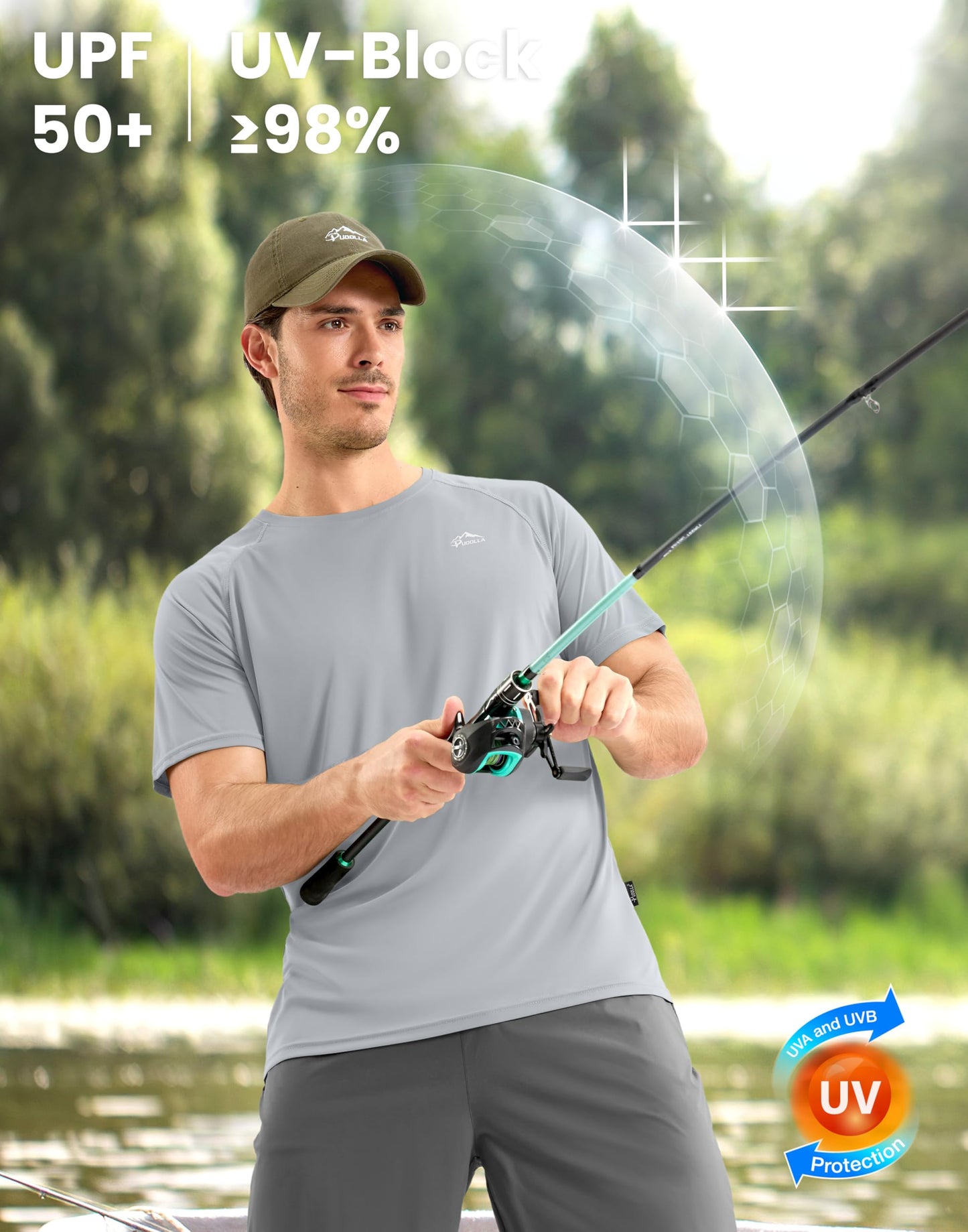 Pudolla Men's Rashguard Swim Shirts Short Sleeve UPF 50+ UV Fishing Shirts Quick Dry Water Beach Shirt(Light Grey M)
