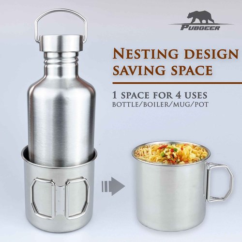 Pubgeer Canteen 42oz Single Wall Water Bottle with 24oz Nested Camping Cup and Carrier Bag, Stainless Steel, Bushcraft Gear, Wide Mouth Water Bottle, Survival Gear, Water Boiler, Self Reliance