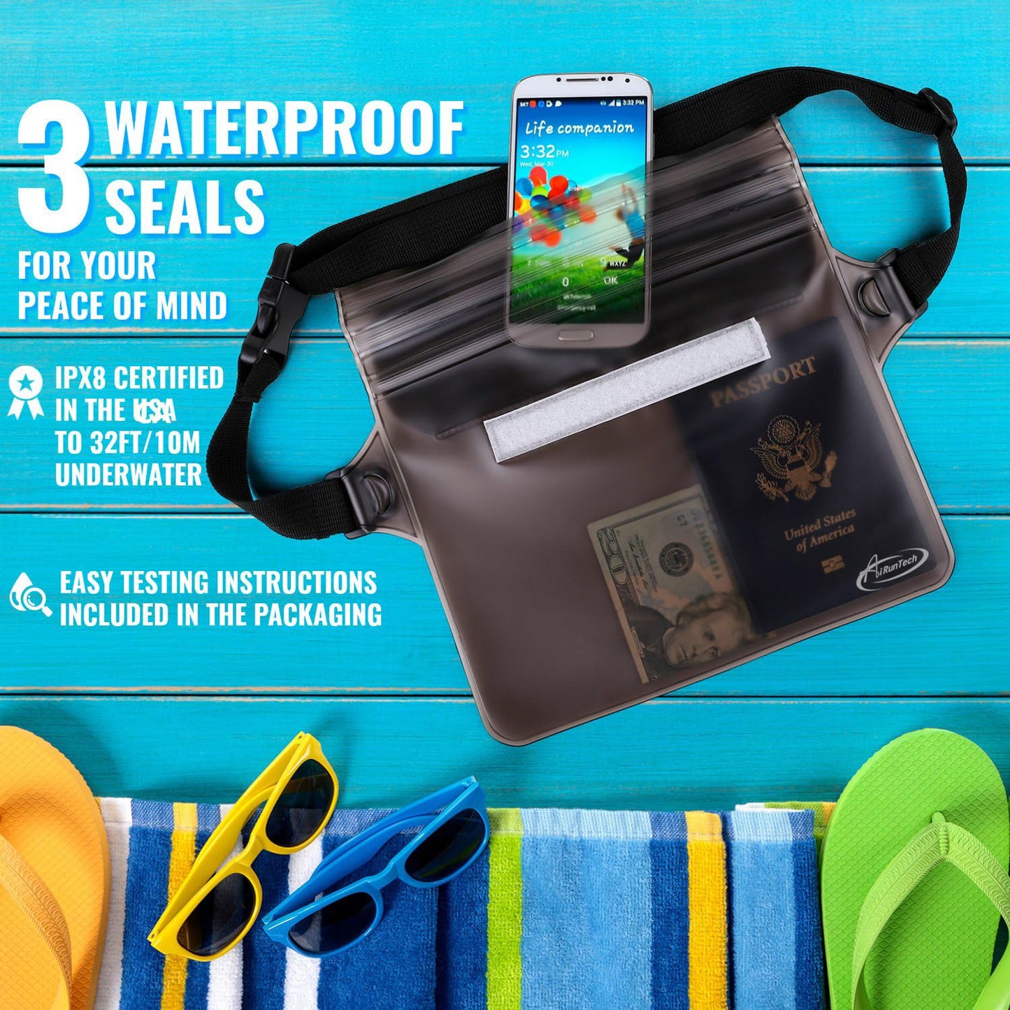 AiRunTech Waterproof Fanny Pack, Beach Cruise Vacation Essentials, Waterproof Pouch Protect Phone Passport Valuables Dry Safety, Paddle Board Kayaking Boating Swimming Accessories-2 Pack（Gray + Black）