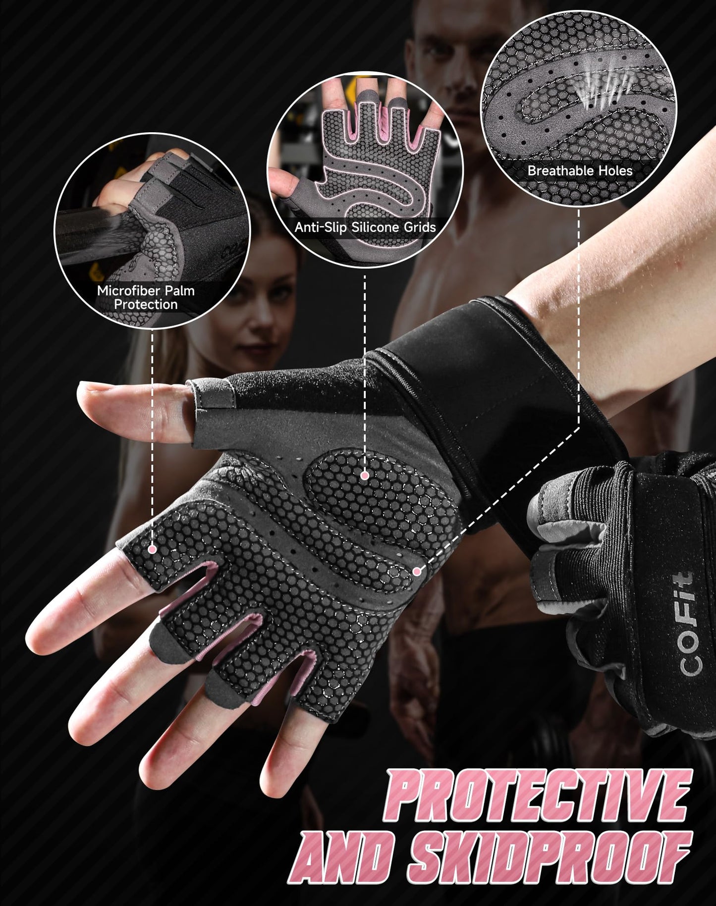 COFIT Breathable Workout Gloves, Antislip Weight Lifting Gym Gloves for Men Women with Wrist Wrap Support, Superior Grip & Palm Protection for Weightlifting, Fitness, Exercise, Training - Pink S