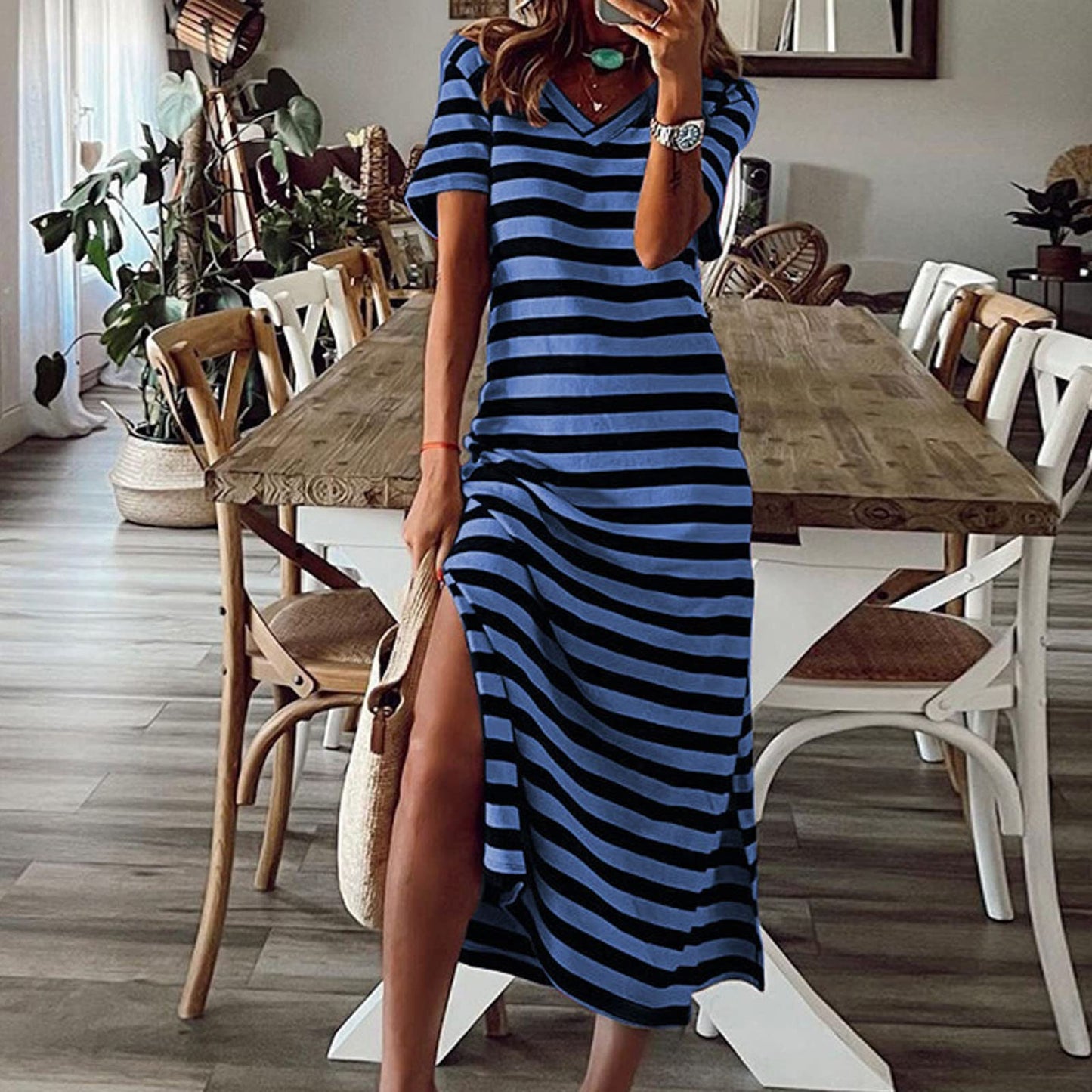 Willisos Maxi Dresses for Women 2024 Women's Summer Maxi Dress Loose Casual Long Dress Striped Short Sleeve Split Sundresses Blue, Large