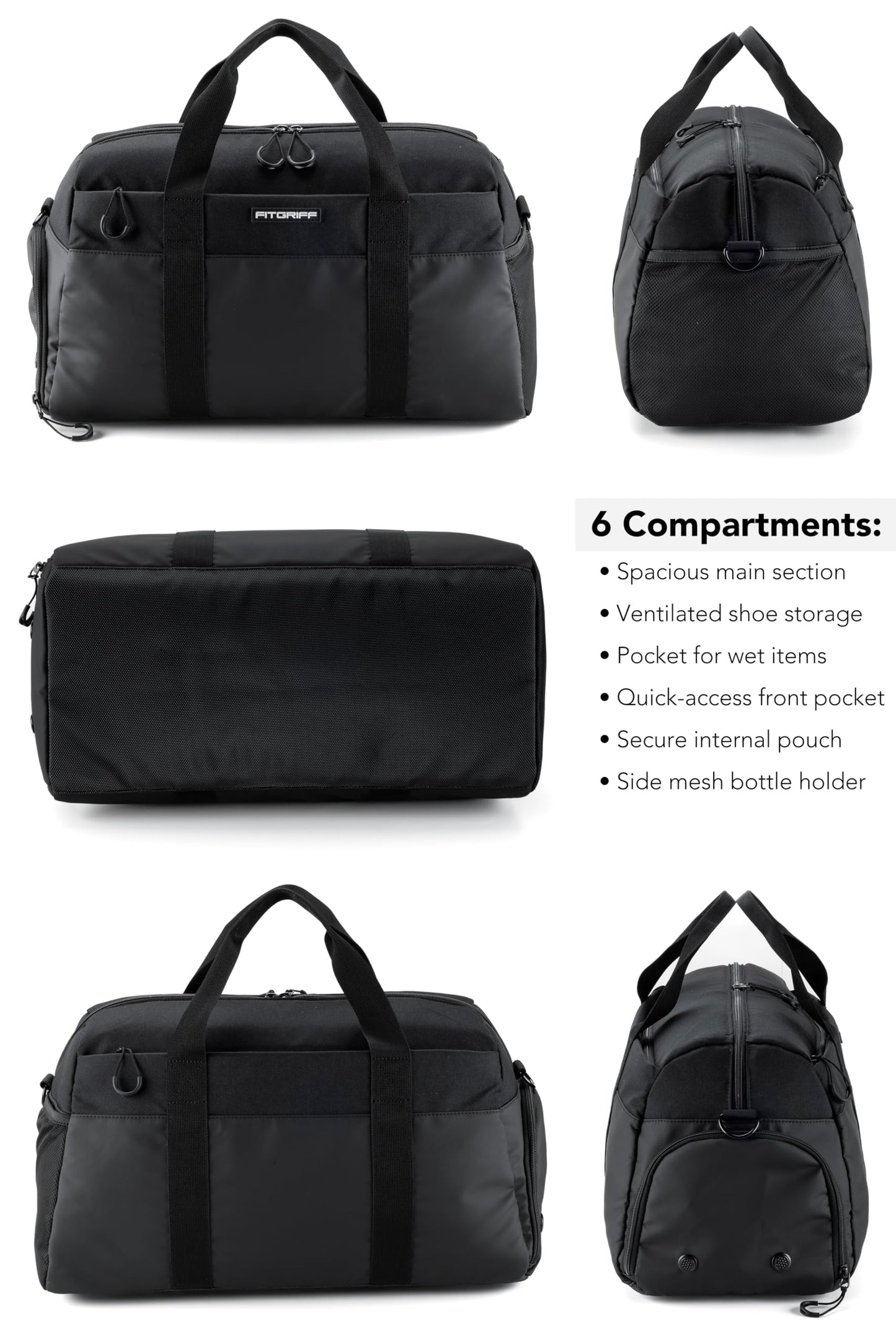 Fitgriff® Gym Bag V2 for Men and Women with Shoe & Wet Compartment - Duffle Bag for Travel, Sports, Fitness and Workout (Full Black, 19 x 10 x 11″ (Small))