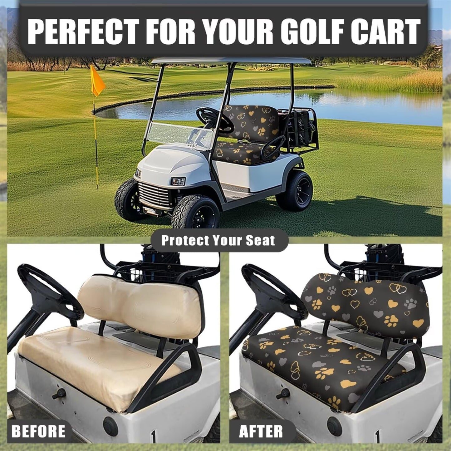 Darisoco Dog Paw Black Golf Cart Seat Covers Replacement - Universal Fit for EZGO TXT/RXV & Club Car Precedent, Anti-Slip Design with Elastic Edges, Durable Outdoor Protection
