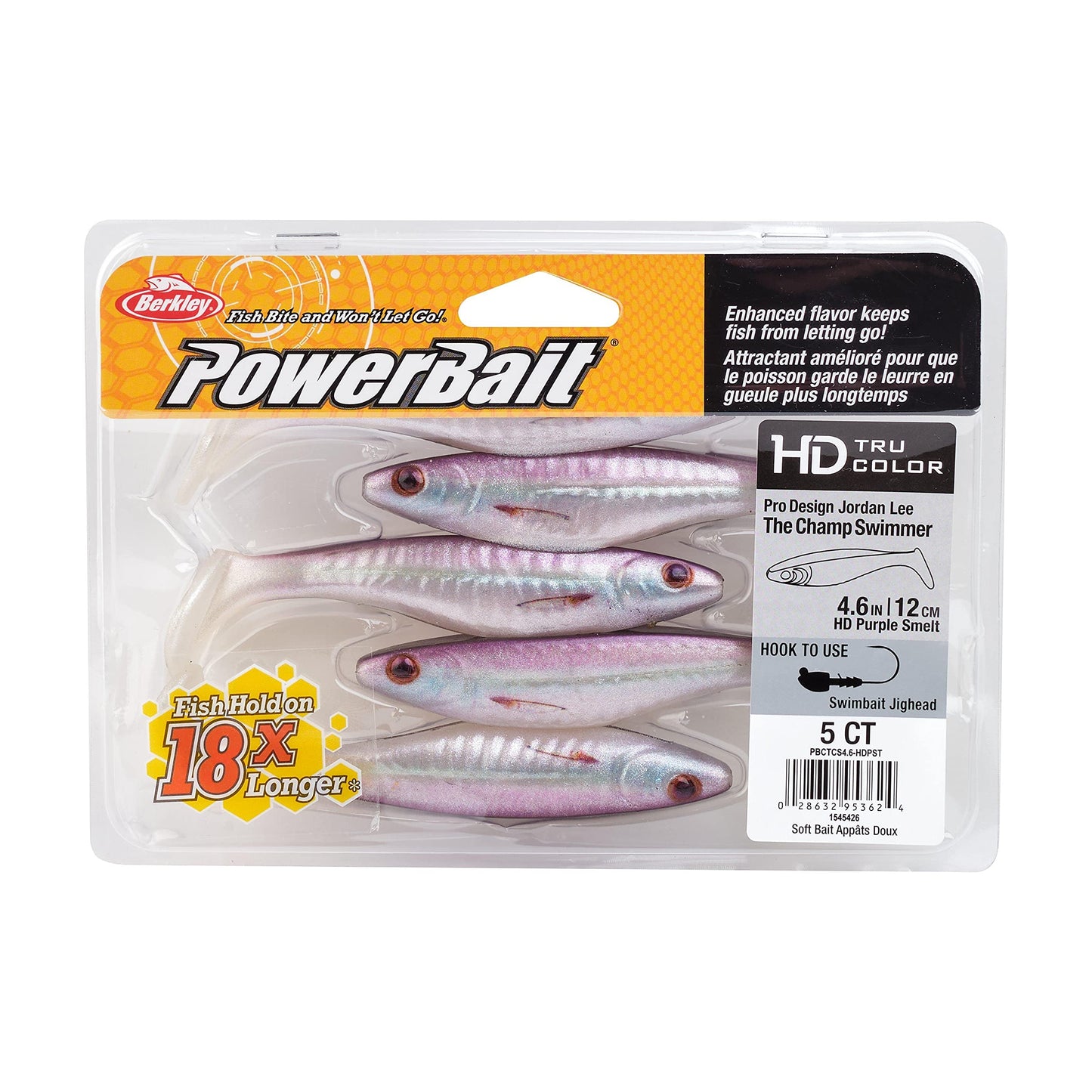 Berkley Powerbait The Champ Swimmer Fishing Soft Bait, HD Purple Smelt, 5 Count, 4.6"
