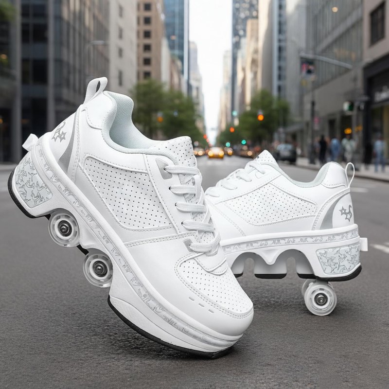 Roller Skate Shoes for Girls, Boys, 2-in-1 Skating Shoes for Man, Women, Retractable Wheels Sneakers for Kids, Deformation Sneakers Outdoor, White(2.5US)