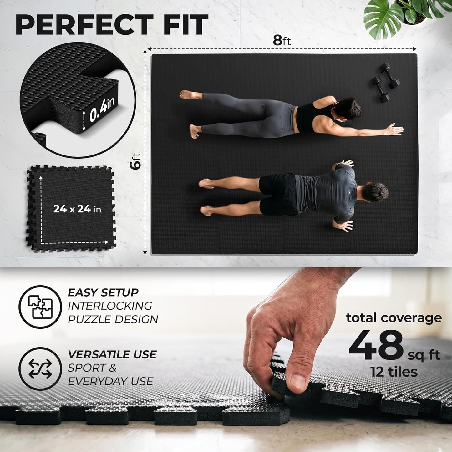 Gym Mats Set - 12 Pcs EVA Interlocking Foam Floor Tiles | 48 Sq Ft Protective Flooring for Home Workout & Exercise