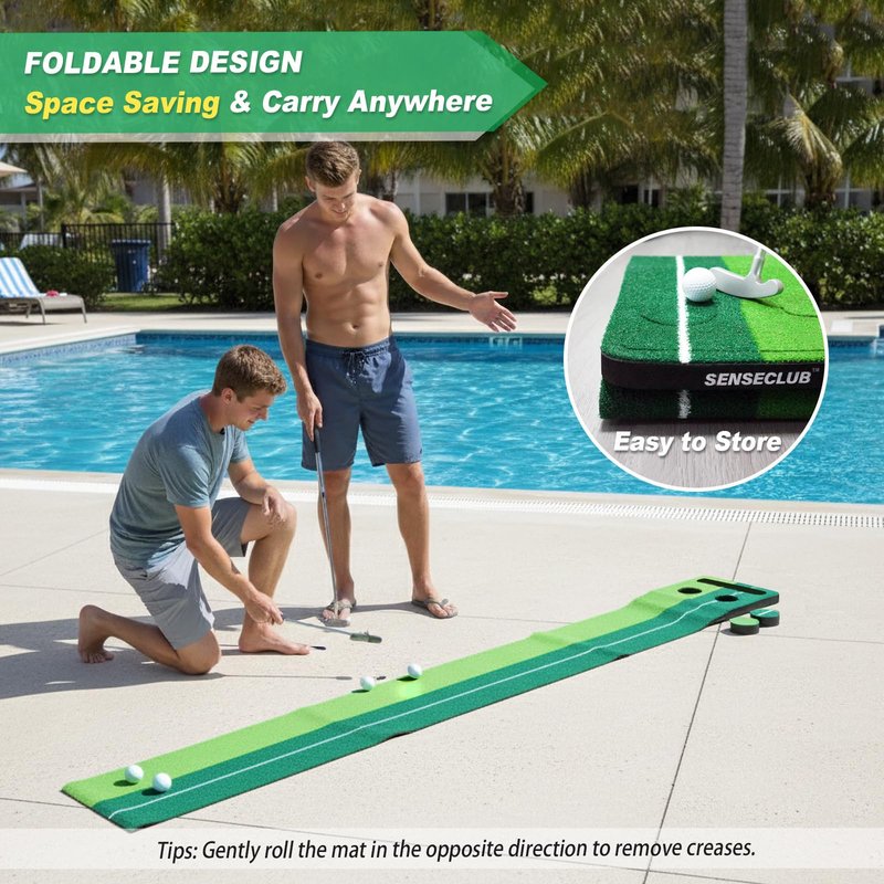 SENSECLUB Indoor Putting Green Game, Foldable Putting Mat Golf Game Set, Golf Gifts for Men - 1x8 Ft