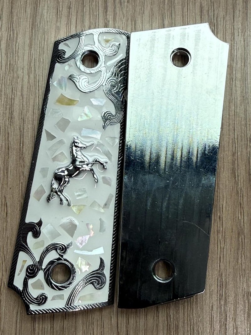 Full Size 1911 Grips - Pearl Resin with Metal Horse & Mexican Tricolor Flag Design | Durable and Stylish