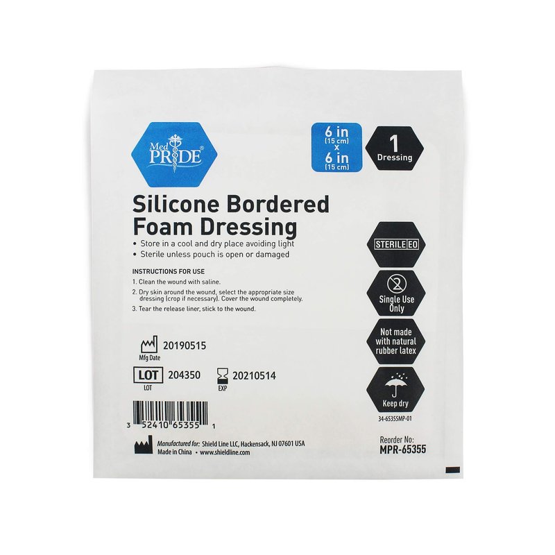 Medpride Adhesive Silicone Bordered Foam Wound Dressing Pads- 6 inches by 6 inches, 10 Pack-Trauma Bandaging for Ulcers, Post Op Wounds, Injuries- Individually Wrapped-Sterile, Pain-Free Removal