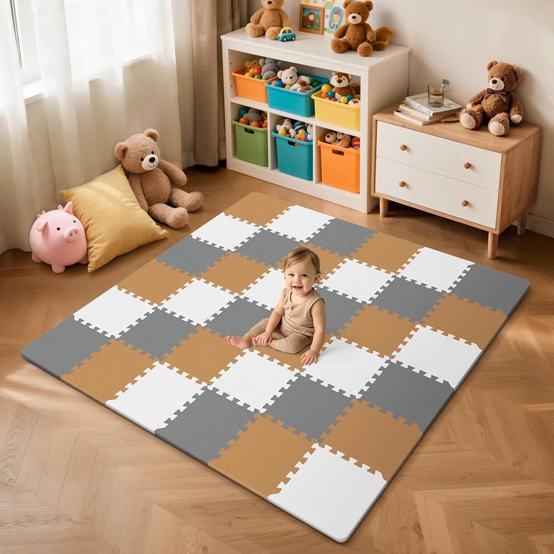 Baby Play Mat - 36Pcs Interlocking Foam Floor Tiles for Kids | Soft Crawling Rug for Playroom (Brown-Gray-White) 11.8x11.8x0.6 In
