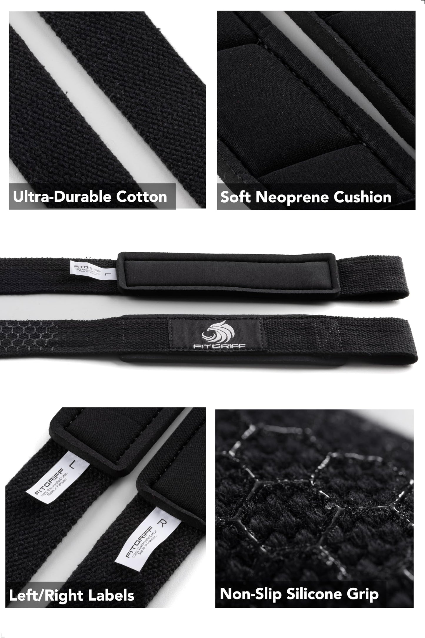 Fitgriff® Lifting Wrist Straps for Weightlifting, Gym, Deadlift, Workout (Made of Premium Cotton & Padded) - Men & Women (Standard, Black (Silicone-Grip))