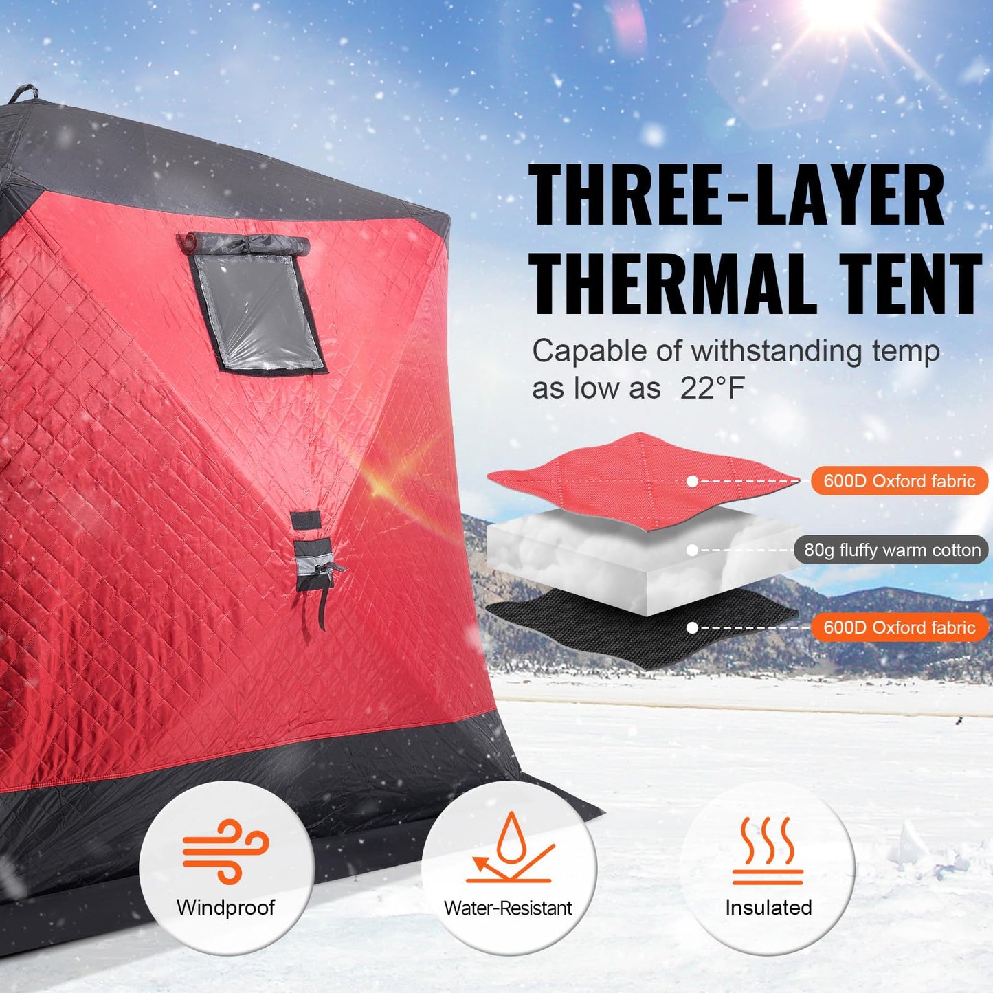 VEVOR Portable Pop-Up Fishing Tent, 24 sq ft Ice Shelter - Hub-Style for Winter Fishing - Waterproof Oxford Shanty with Anchors/Ropes/Bag, 60" x60