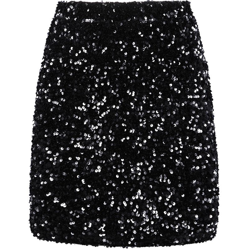 REEMONDE Women's Sequin Skirt Sparkle Stretchy Bodycon Mini Skirts Night Out Party (S, Black)