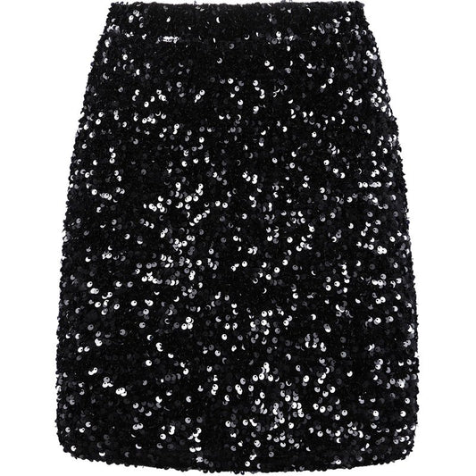 REEMONDE Women's Sequin Skirt Sparkle Stretchy Bodycon Mini Skirts Night Out Party (S, Black)