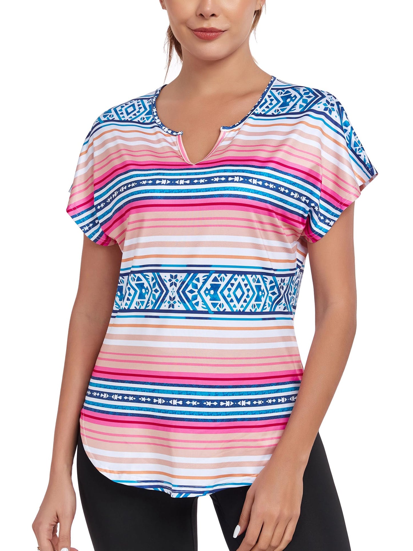 Abrooical Women's Running Tops Short Sleeve V Neck Exercise Yoga Shirts Quick Dry Side Slit Print 01 Large
