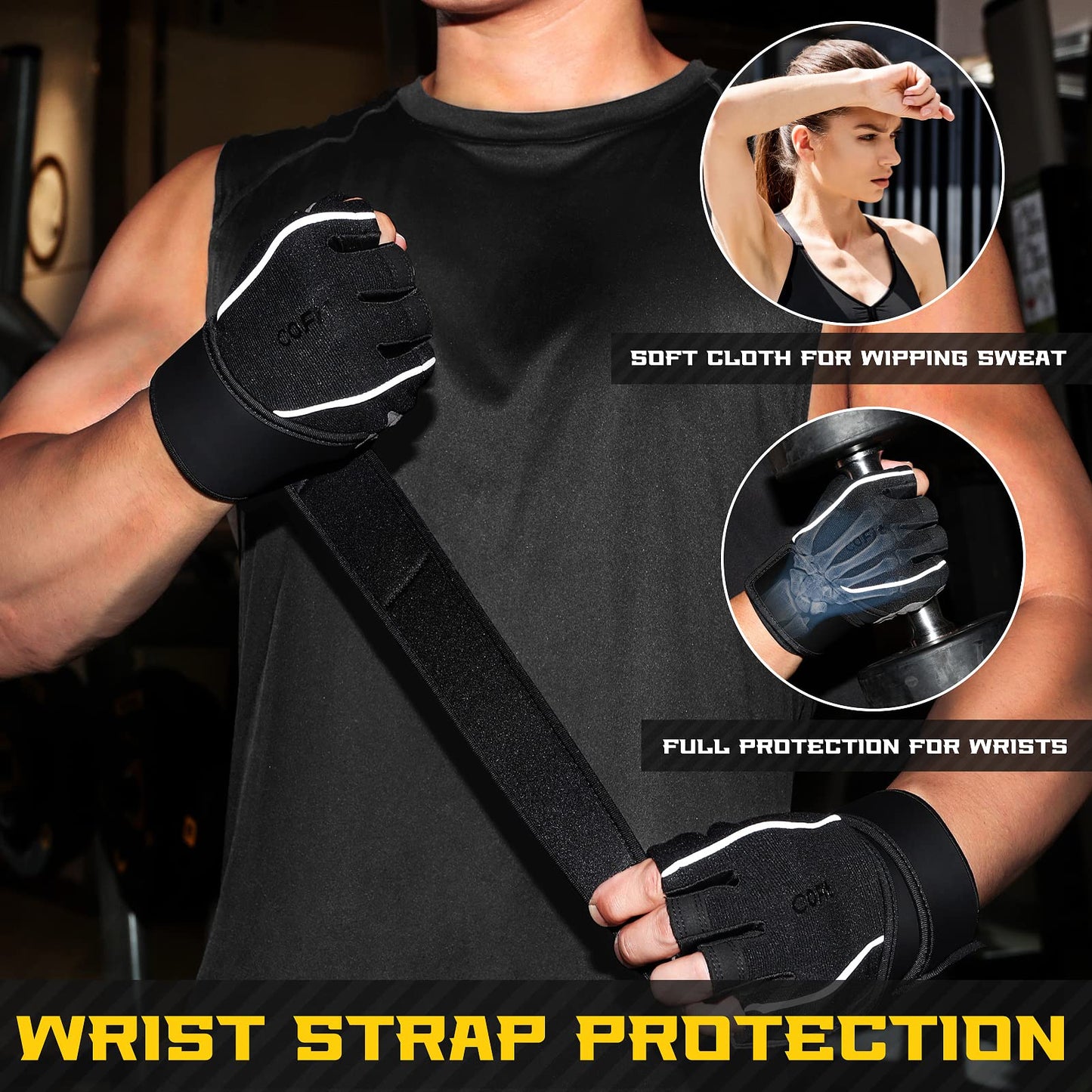 COFIT Gym Workout Gloves with Wrist Wrap Support for Men & Women, Anti-Slip Fitness Gloves Provide Full Palm Protection for Weightlifting, Training, Excercise, Hanging, Pull ups, Dumbbell - Black L