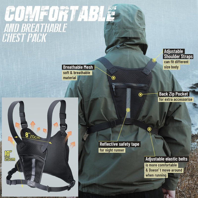 RXW Outdoor Sport Chest Rig for Men Women, Running Vest Bag with Pack Holster, Chest Pack Built in Phone Holder for Cycling, Camping,Travel, Hiking, Workouts, EDC（Black）