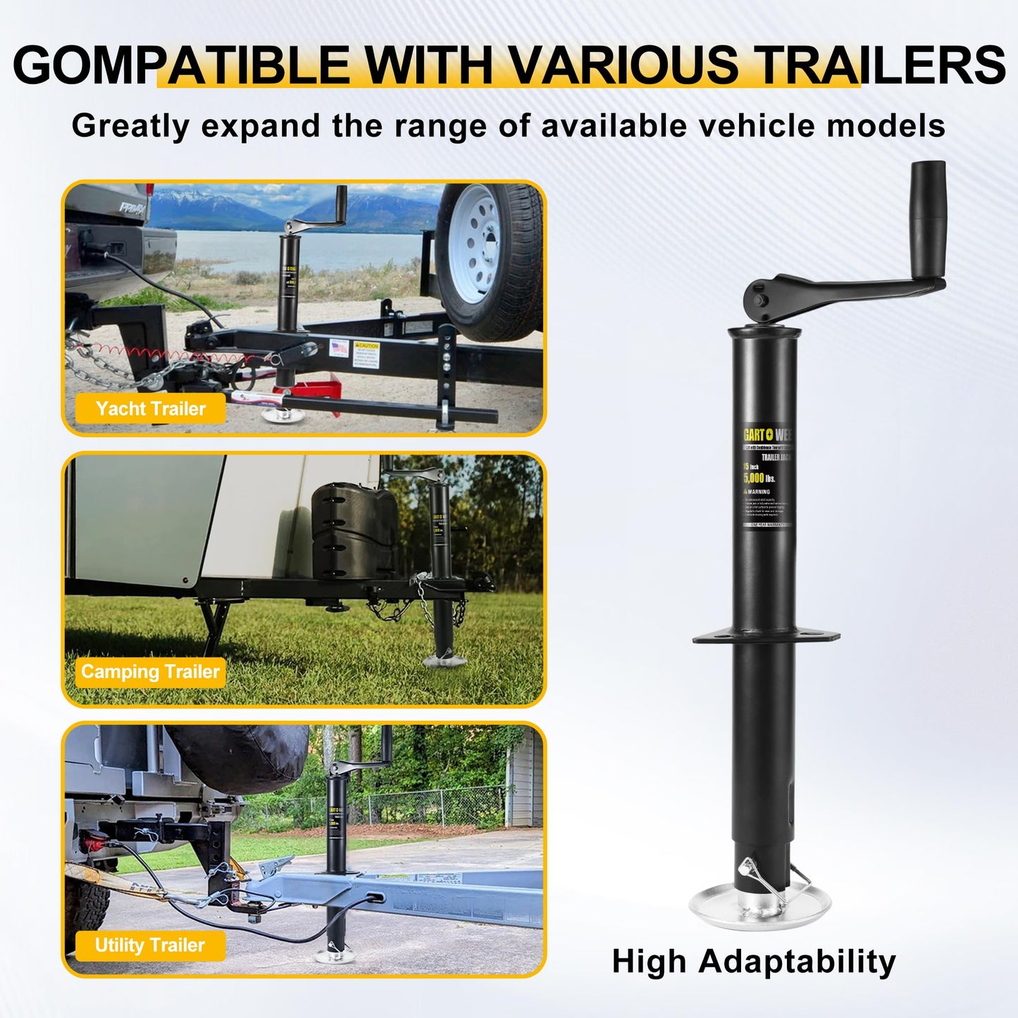 GARTOWEE 5000 lbs A-Frame Trailer Jack, 15" Vertical Travel with Adjustable Drop Leg, Heavy Duty top Wind Trailer Jack for Utility, Yacht, and Camper Trailers