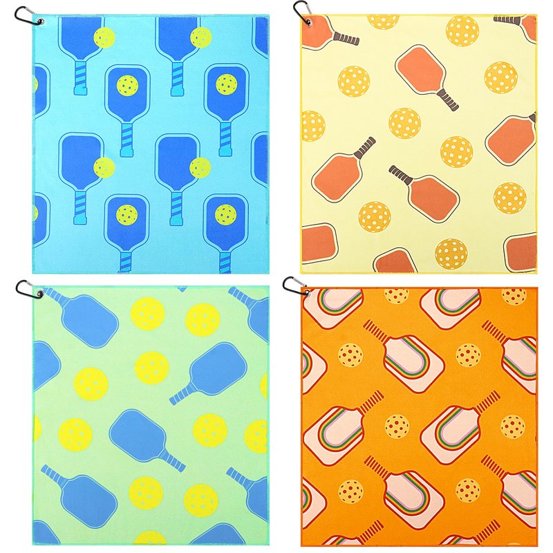 4 Pcs Pickleball Towel 15x17 Inch Soft Pickleball Prints Towels Absorbent Fast Drying Funny Pickleball Towel with Carabiner Clip Pickleball Hand Towels Pickleball Gift for Women Men Team Sports
