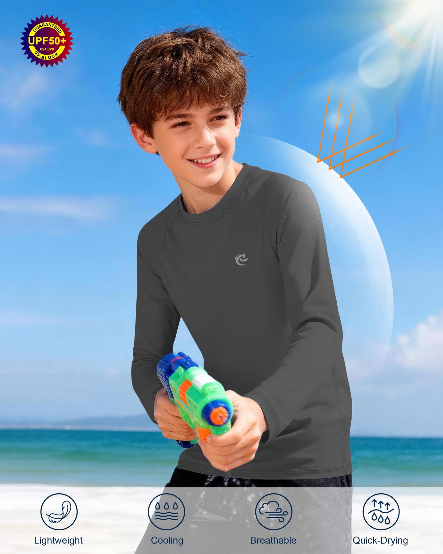 Boys UPF 50+ Swim Shirt Long Sleeve, 1 or 2 Pack UV Sun Protection Rash Guard, Youth Kids SPF Water Shirts for Beach Surf
