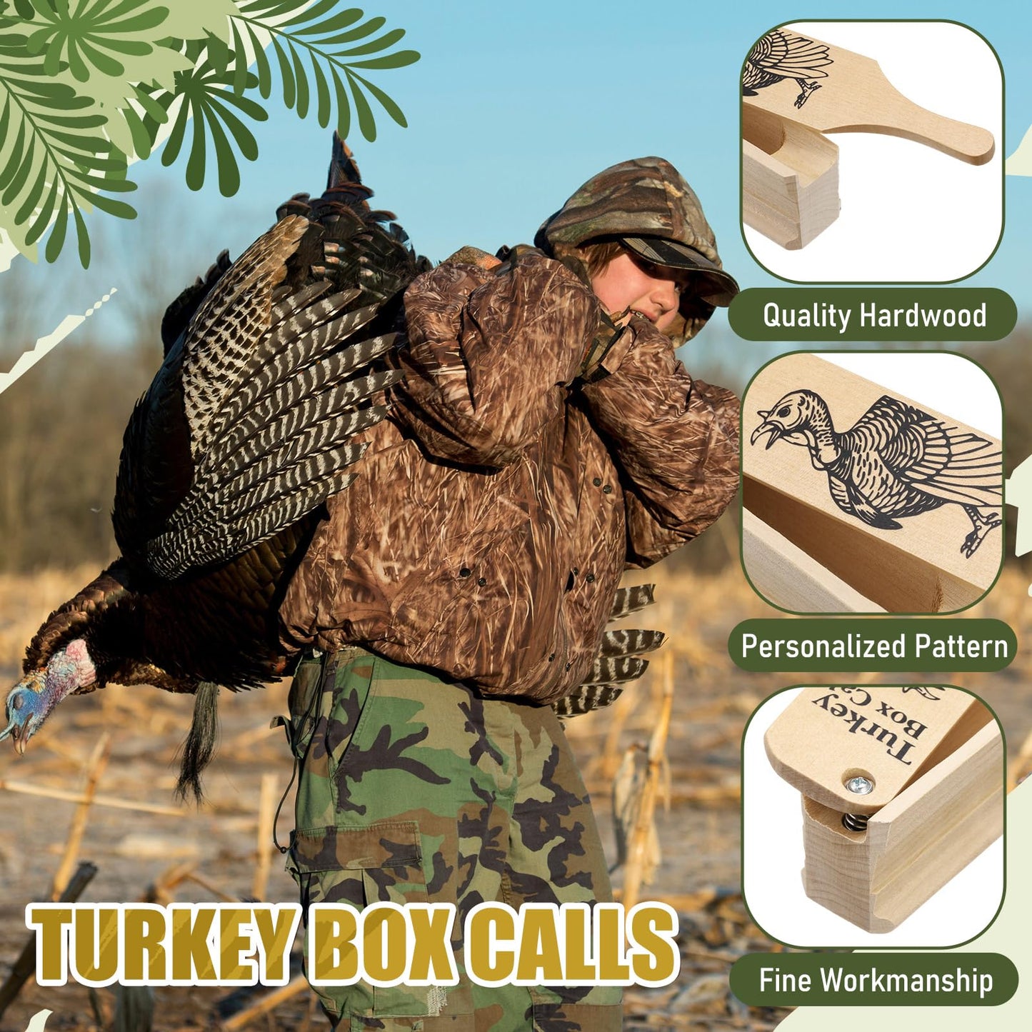 Soulchen 2 Pack Turkey Box Calls for Hunting, Wood Construction, Simulating Wide Range of Realistic Sounds Turkey Calls for Hunters