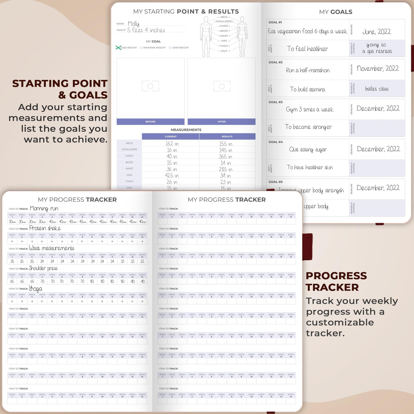 Clever Fox Fitness & Food Journal, Workout Planner, 5.8"x8.3" Rose Gold