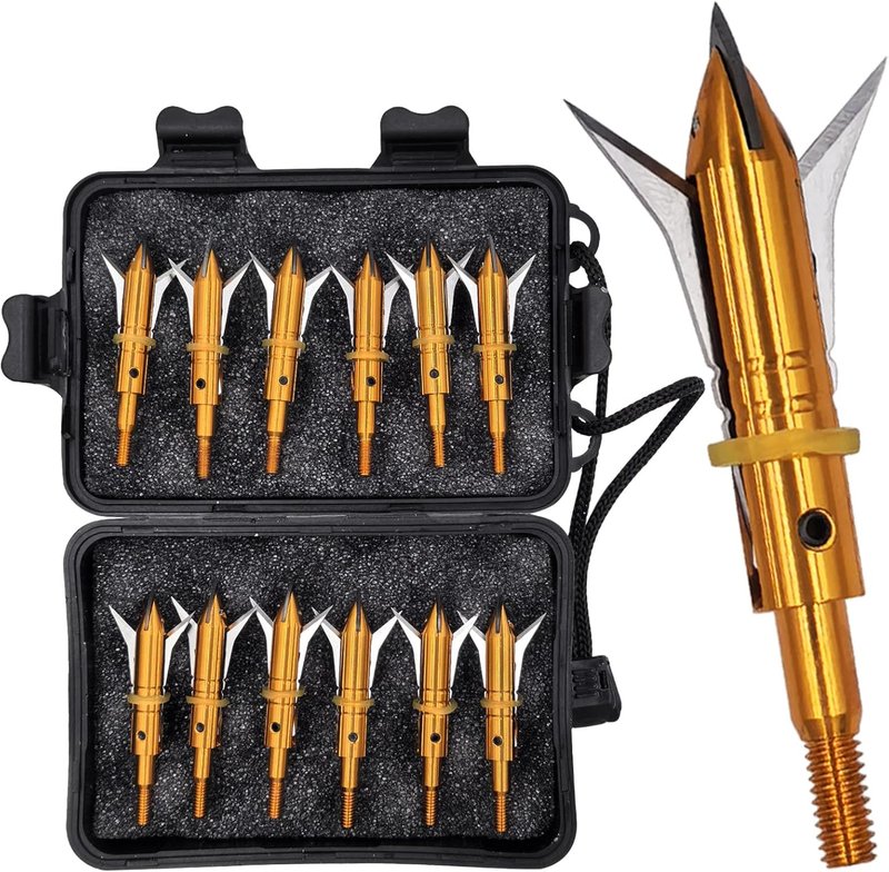 Hunting Broadheads 12-Pack - 100 Grain Screw-In Cutting Blade Arrow Tips for Traditional & Compound Bows