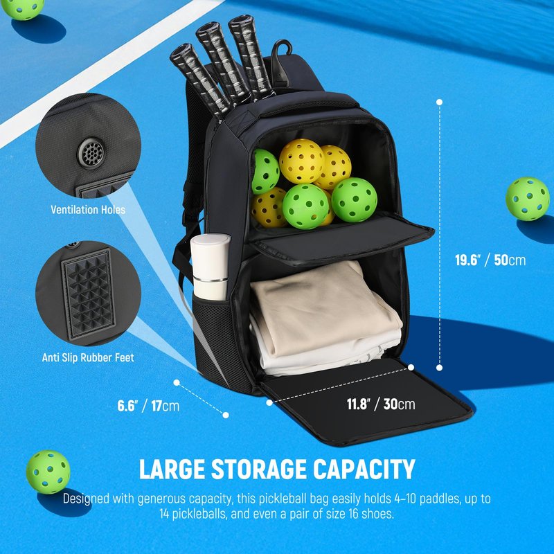 NEEWER Pickleball Bag for Men/Women, Holds 4-10 Paddles/6 Pickle Balls/Size 16 Shoes, Water Resistant Accessories Backpack with Shoe Compartment, Fence Hook, Side Pockets, Rubber Feet, PB01B