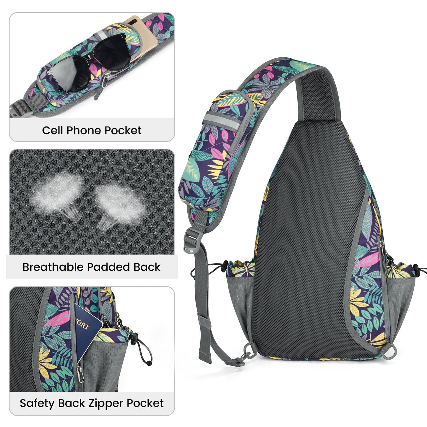 G4Free Pickleball Bag Sport Tennis Sling Bag Lightweight Pickleball Paddle Bag, Blue Leaf, L