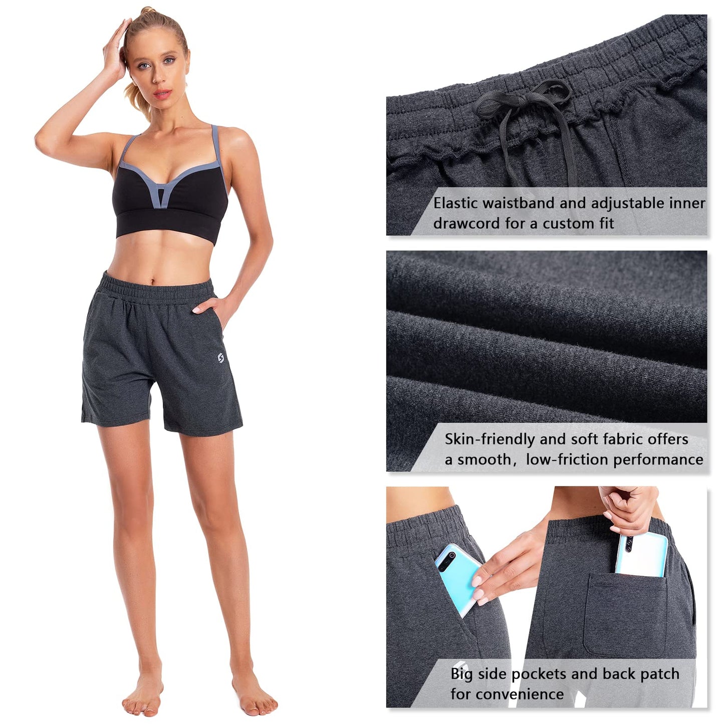 Women's Cotton Shorts 5" Sweat Bermuda Pull on Shorts with Deep Pockets for Lounge Gym Yoga Walking Athletic Charcoal