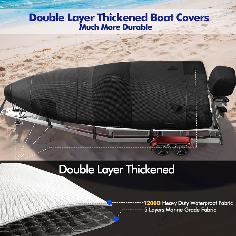 Heavy Duty Boat Cover - 1200D Waterproof Protection for 17-19ft Bass Boats | Ratchet Hem Tightening, Black