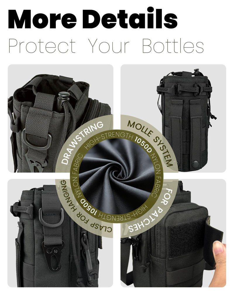 DEFUNX 32 Oz Water Bottle Holder with Strap Gym Accessories for Men Bottle Carrier Bag with Phone Pocket MOLLE System for Walking All Black