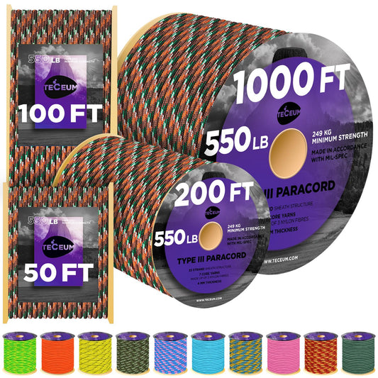 TECEUM Paracord Type III 550 Mixed Camo – 50 ft – 4mm – Tactical Rope MIL-SPEC – Outdoor para Cord –Camping Hiking Fishing Gear and Equipment – EDC Parachute Cord – Strong Survival Rope 766b