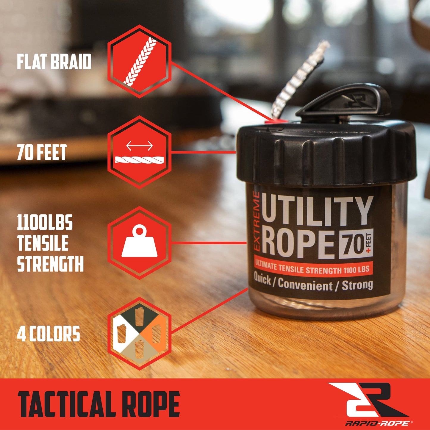 Rapid Rope Canister 70ft Tan Flat Tactical Paracord, Made in USA, 1100lb Tested Heavy Duty Poly Rope Test Cord, Non-Tangle Dispenser Included - Hiking, Camping, Survival, Utility, Climbing