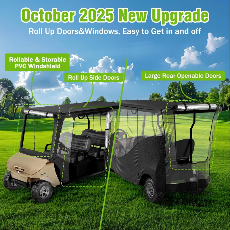 MASHELLY Golf Cart Enclosure, 4 Passenger Drivable Rain Cover for Club Car DS & Precedent, 600D Waterproof Oxford with Extended Roof & 4-Sided PVC Windows, Roll-Up Windshield