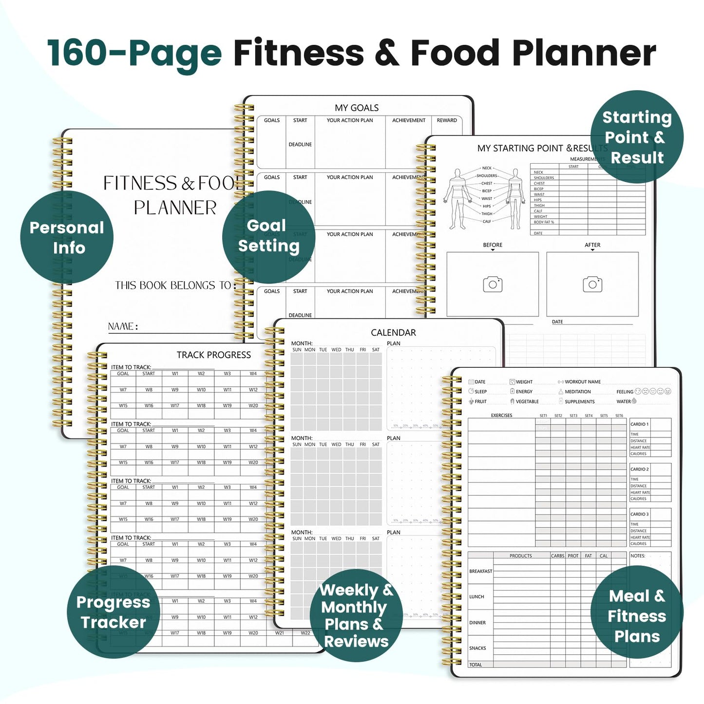 Fitness Journal for Women & Men, Food & Workout Journal Planner Log Book with Measuring Tape, Undated Wellness Planner to Track Weight Loss, Muscle Gain, Home Gym Exercise, Daily Nutrition, 9.5" x 7"