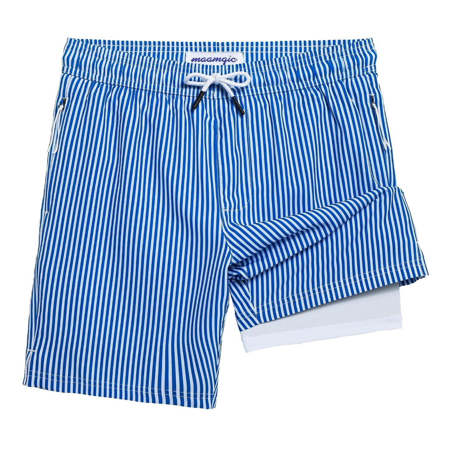 maamgic Boys Swim Trunks Compression Liner Stretch Teen Boy Swim Shorts Anti-Chafe Bathing Suits with Zipper Pocket Stripe Blue 8