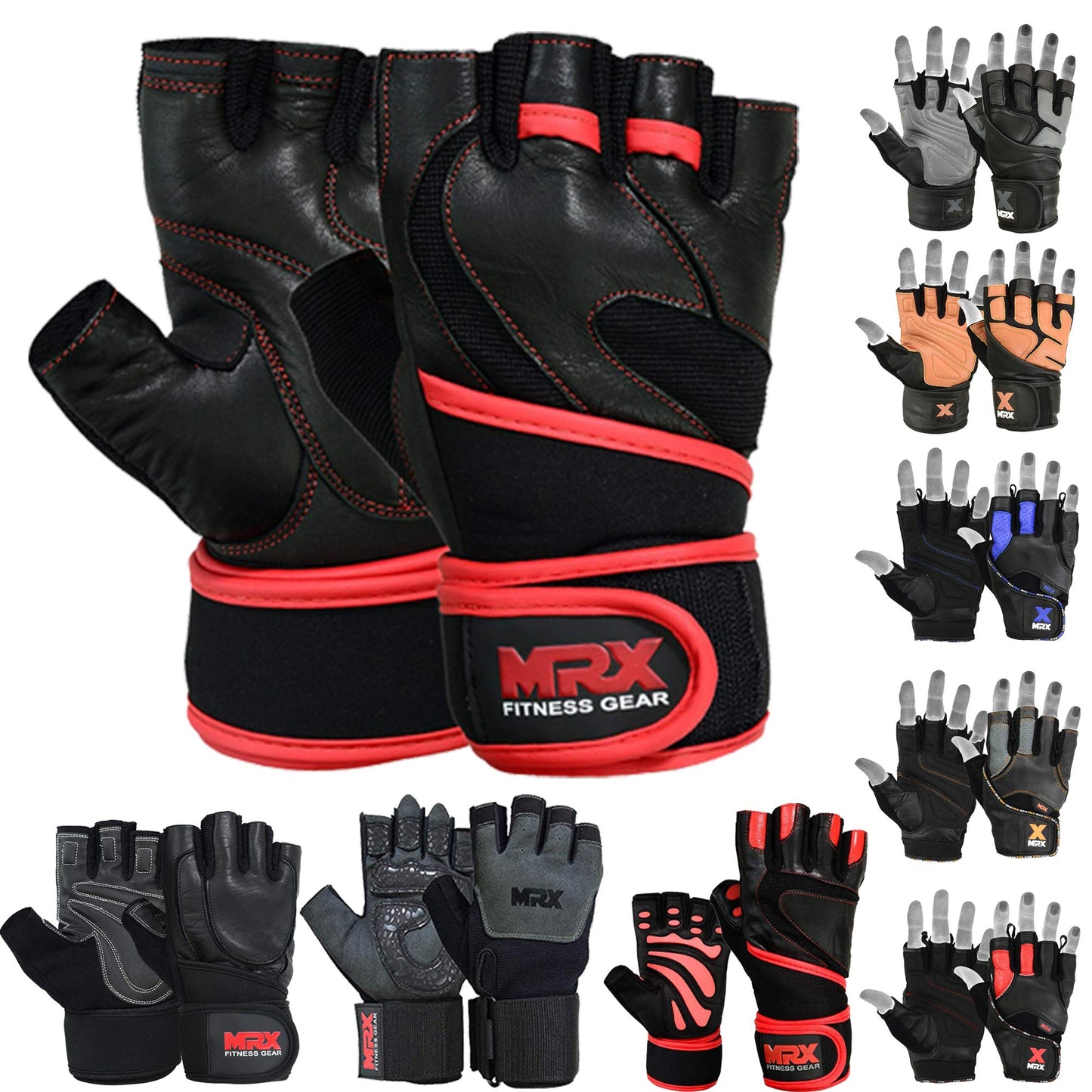 MRX Leather Weight Lifting Gloves Gym Cross Training Power Lifting Fitness Exercise Bodybuilding Workout Glove with Long Wrist Strap (Large)