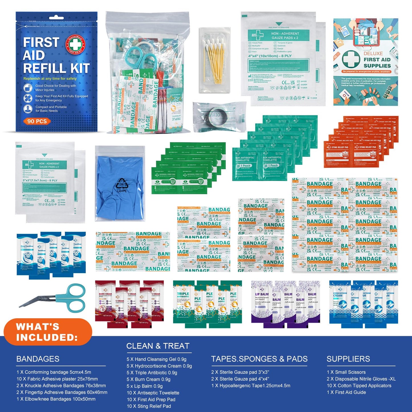 SuccorWare 90 Pieces First Aid Refill Kit - Wound Care Kit Includes Bandages for Home, Travel, Hiking - Portable Replacement Kit for First Aid Medical Supplies（2 Set）