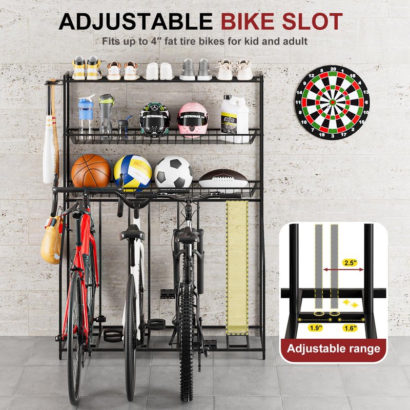 Kificet 4 Bike Stand, Bike Rack Garage with 3-Tier Storage Rack, Bicycle Stand for Garage Organizer, Indoor Sporting Gear Storage Station for Mountain/Road/Hybrid & Fat Tire Bike, Patent Pending