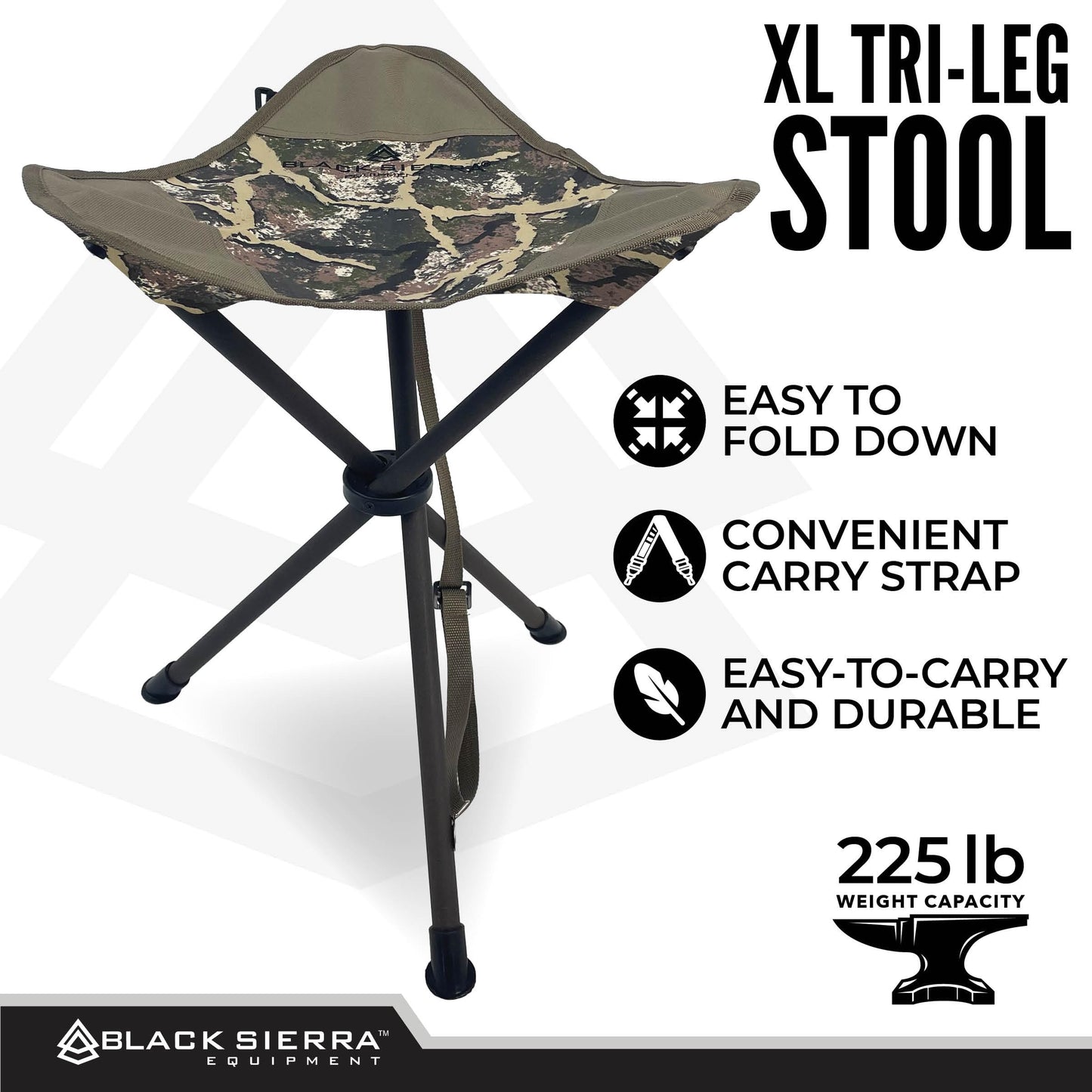 Black Sierra Folding Hunting Stool with Shoulder Strap, Lightweight Collapsible Tripod Seat, Steel Frame Supports 225 lbs, Portable Foldable Chair for Hunting Blind, Fishing, Hiking, Travel