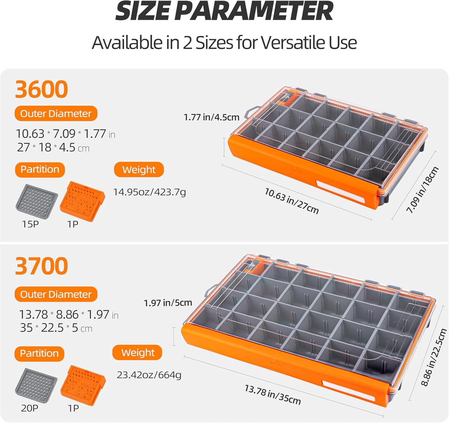 RUNCL Fishing Tackle Box - 360° Waterproof Organizer with Adjustable Dividers | 3600 Size, Orange, 1 Pack