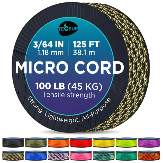 TECEUM Micro Paracord – Camo – 1.18 mm x 125 ft – Micro Utility Cord – Thin Braided Paracord Rope Nylon Polyester – Wind Chime Replacement – Survival Strong String 788c