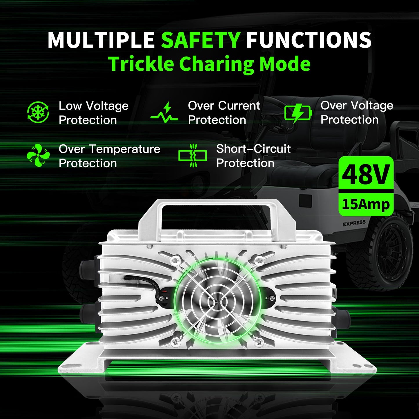 Golf Cart Battery Charger, 15 AMP 48 Volt Golf Cart Charger for EZGO RXV & TXT with 3-Pin Triangular Plug, 900W EZGO Charger, 20% Faster & Safer for Lead Acid Battery, Auto Power-Off & IP67 Waterproof
