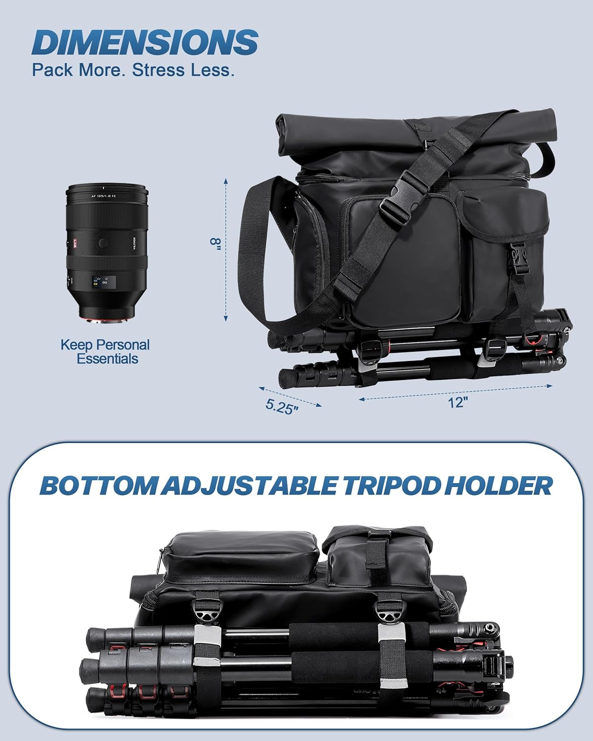 Camera Bag with Tripod Holder - Waterproof Sling Bag with Extra Storage | Black