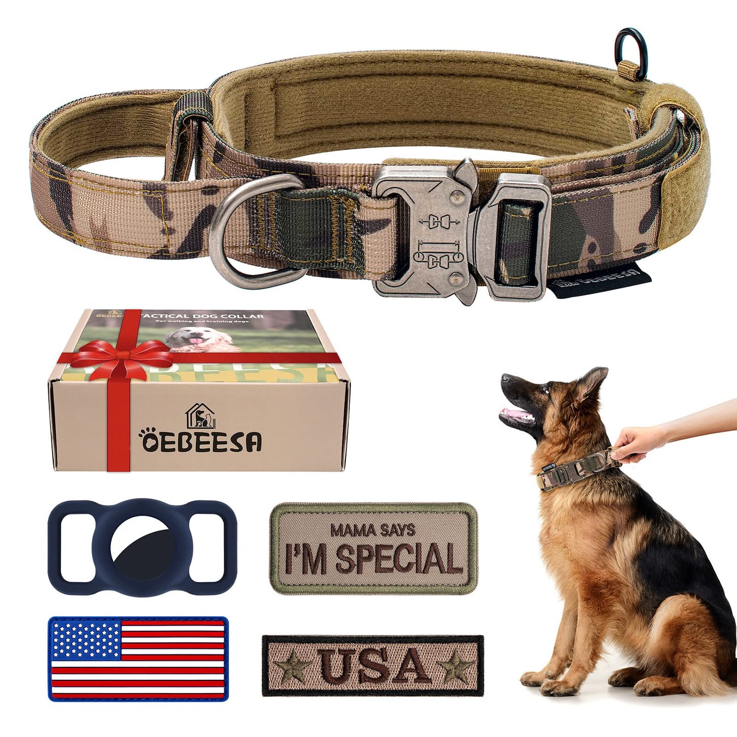 OEBEESA Tactical Dog Collar Adjustable Military Collar: - Nylon K9 Collars with Handle and Heavy Duty Metal Buckle for Medium and Large Dogs with 3 Patches and Airtag Case Holder (XL, Camo)