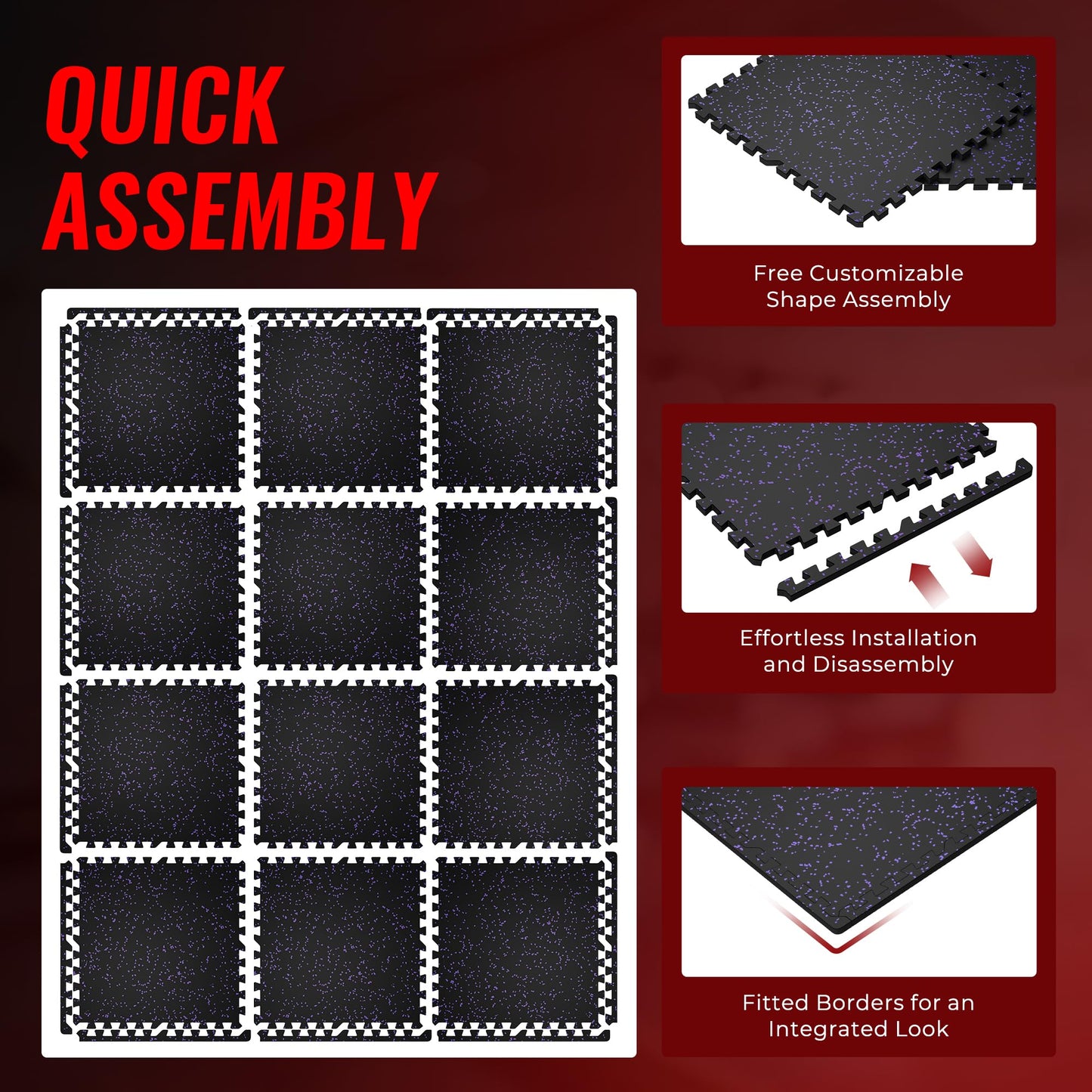 SUPERJARE 0.79'' Extra-Thick Exercise Equipment Mats, 12 Pcs 48 Sq Ft Rubber Top Floor Tiles with High Density EVA Foam, Interlocking Gym Flooring for Home Gym, Protective Workout Mat, Black/Purple
